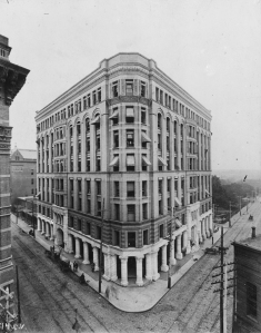 In this image from the Atlanta History Center you can see the columns at the base of the original Equitable Building, which was Atlanta's first modern office building. 
